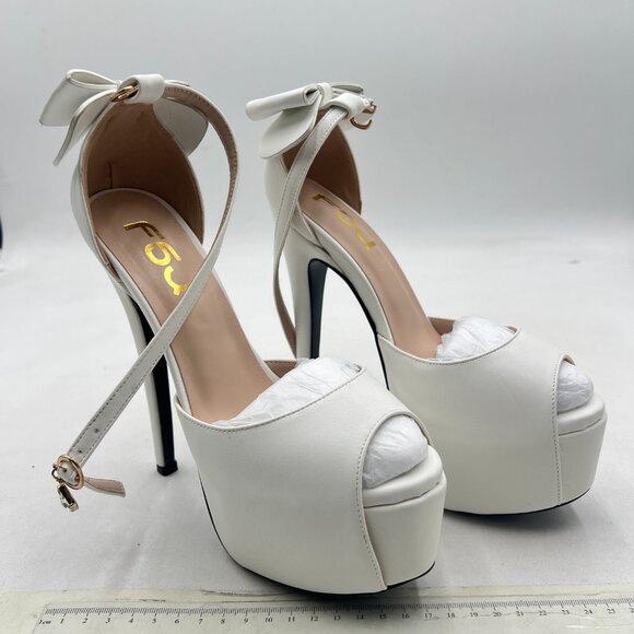 FSJ White Peep Toe Bridal Shoes Ankle Strap Bow Platform Heeled Sandals - Picture 4 of 8